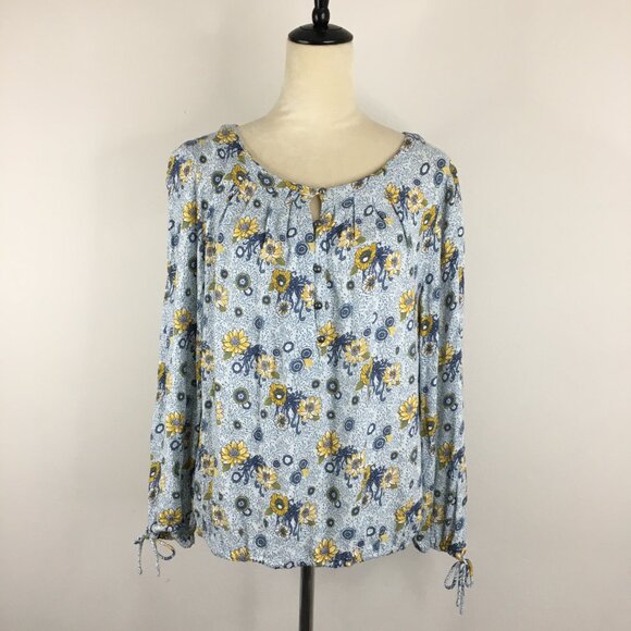 LUCKY BRAND Blue Yellow White Floral Print Tie Sleeve Some Buttons Boho Shirt - Picture 5 of 9